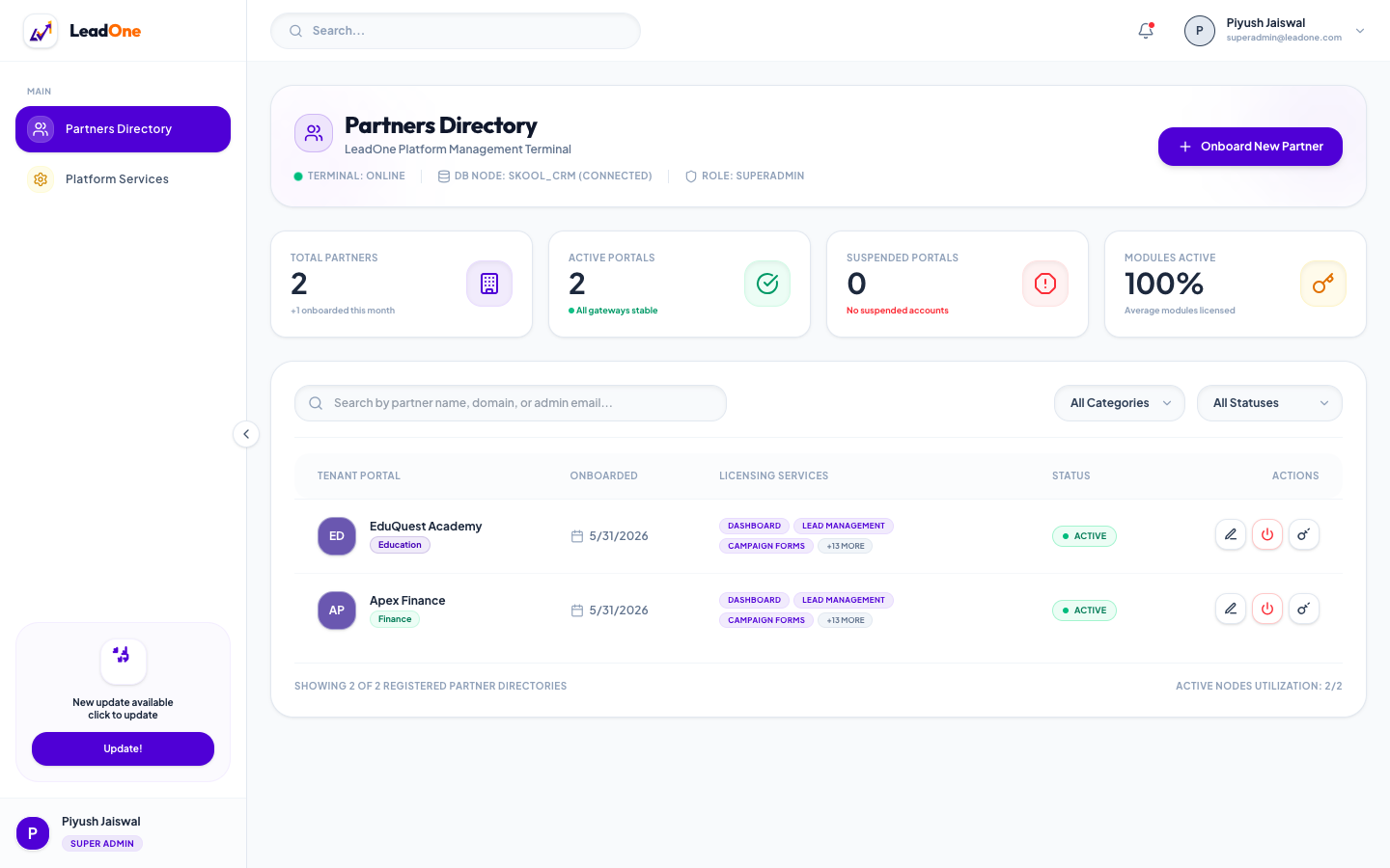 LeadOne Super Admin Terminal Console
